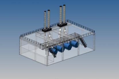 Implantation 3D d’une chaufferie (quatre cheminées + raccordements + une passerelle)