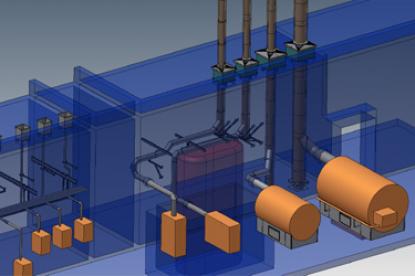 Implantation 3D d’une chaufferie (quatre cheminées + raccordements + équipements annexes)